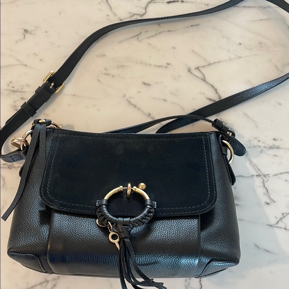 Black and Gold Crossbody Bag with Flap Closure and Decorative Ring
